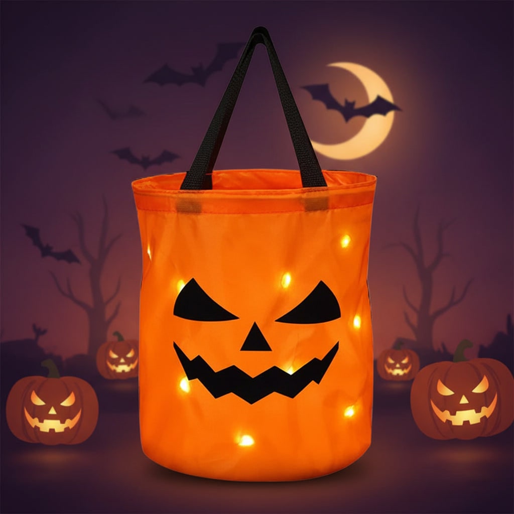 Secchiello portacaramelle a forma di zucca illuminato a LED, secchiello luminoso di Halloween per bambini