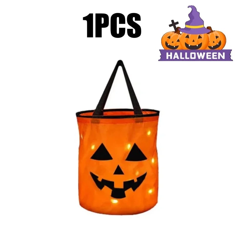 Secchiello portacaramelle a forma di zucca Jack-O-Lantern illuminato — secchiello luminoso di Halloween per bambini