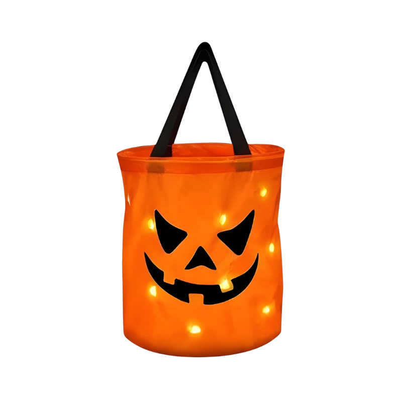 Balde de abóbora com luzes LED para doces de Halloween, dobrável, com pega segura para transportar