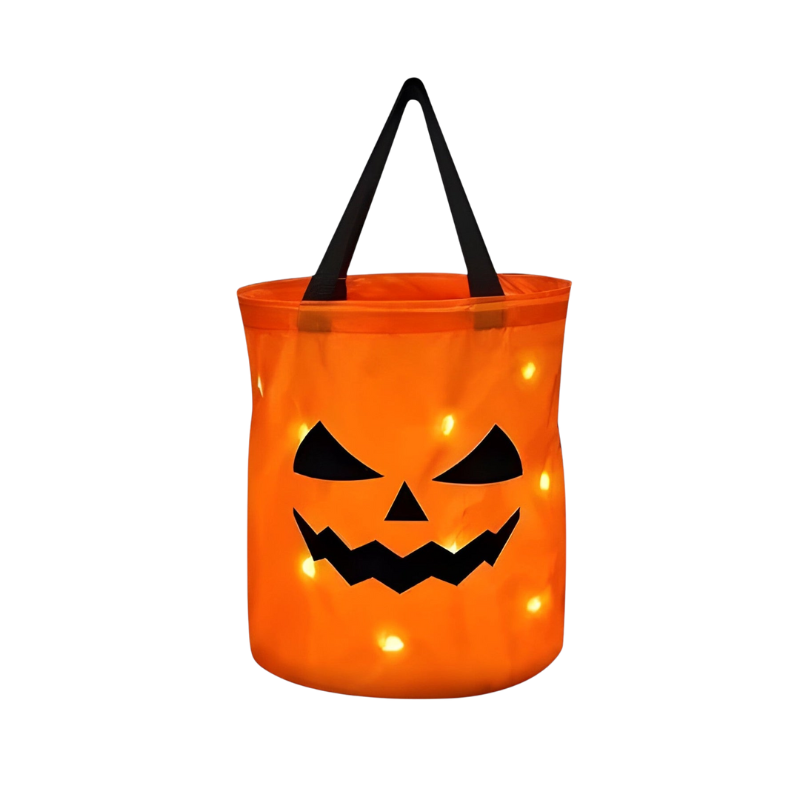 Balde de abóbora com luzes LED para doces de Halloween, dobrável, com pega segura para transportar