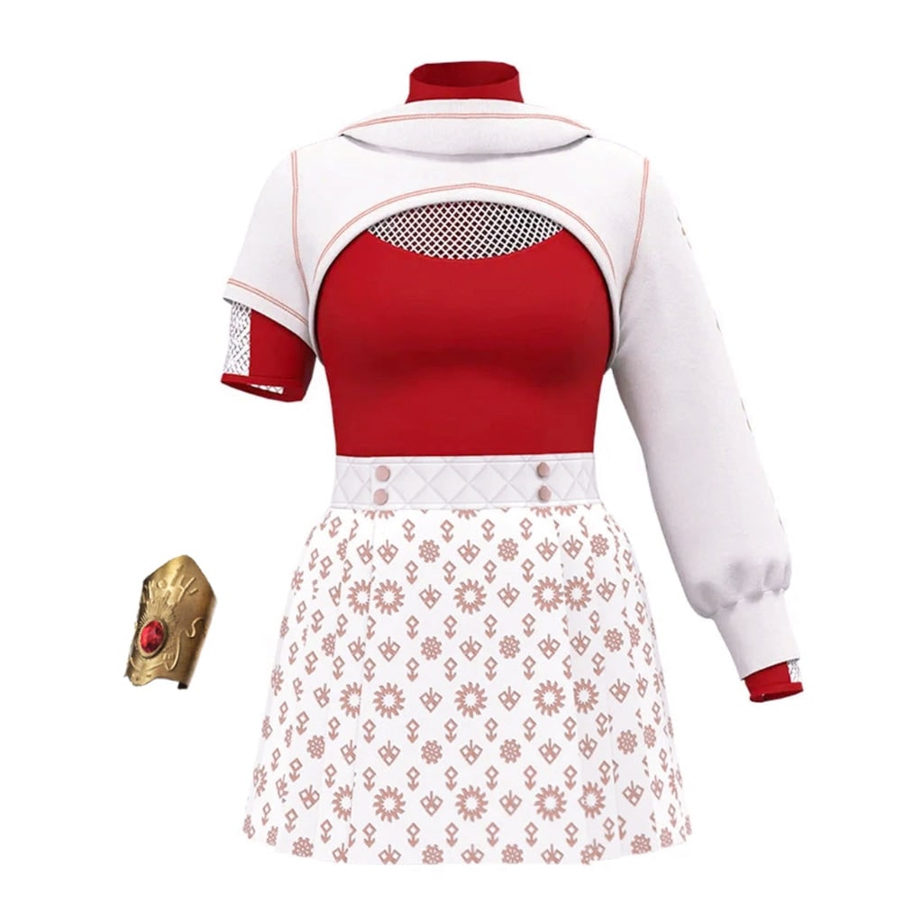 Παιδικό σύνολο anime cosplay, κόκκινη μπλούζα με ψηλό λαιμό, λευκή πλισέ φούστα, συνθετικό μπολερό