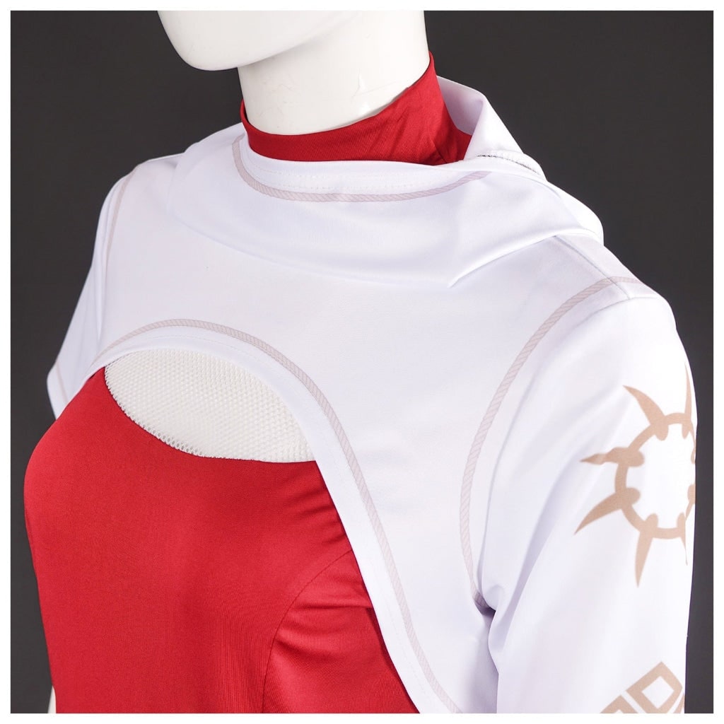 Παιδικό σύνολο anime cosplay, κόκκινη μπλούζα με ψηλό λαιμό, λευκή πλισέ φούστα, συνθετικό μπολερό