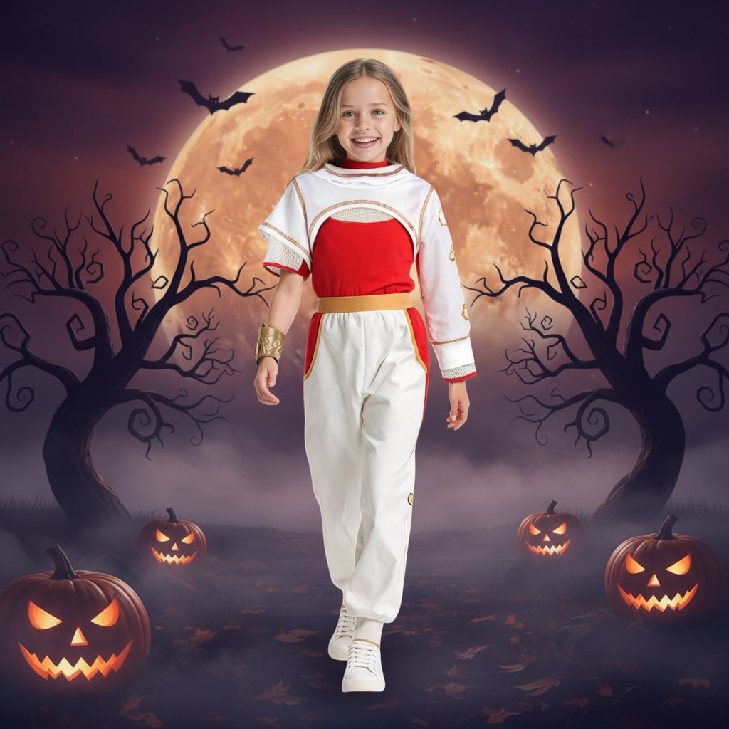 Kids Halloween Cosplay Jumpsuit Costume, Asymmetrical Sleeves, Gold Wrist Cuff, Blonde Wig