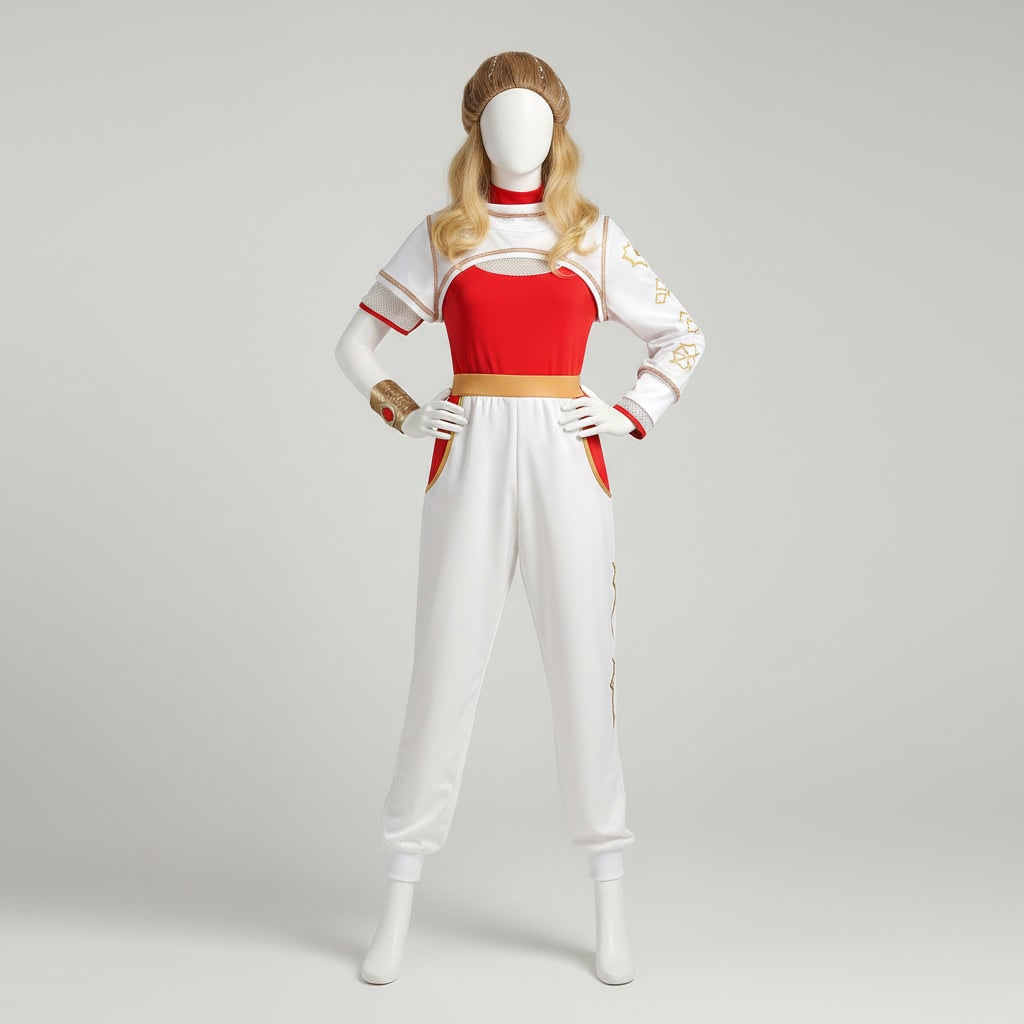 Kids Halloween Cosplay Jumpsuit Costume, Asymmetrical Sleeves, Gold Wrist Cuff, Blonde Wig