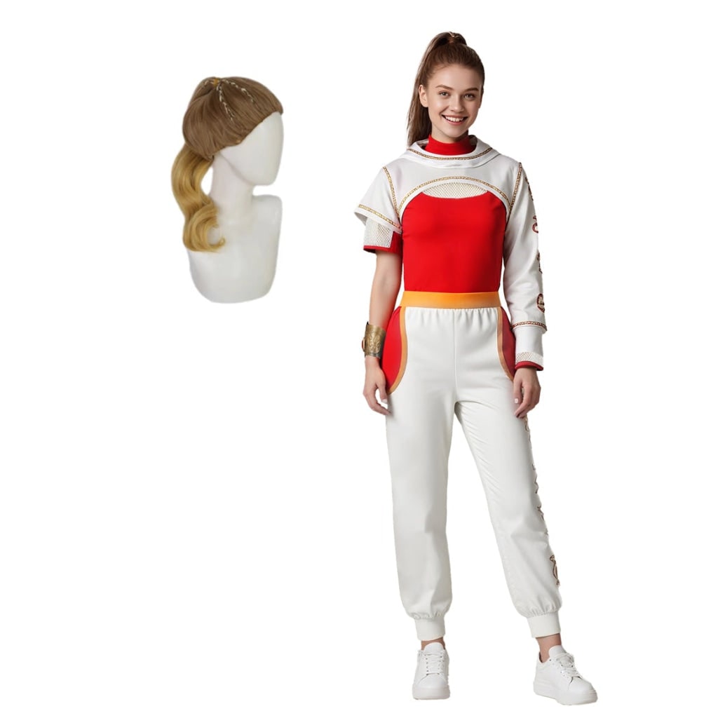Kids Halloween Cosplay Jumpsuit Costume, Asymmetrical Sleeves, Gold Wrist Cuff, Blonde Wig