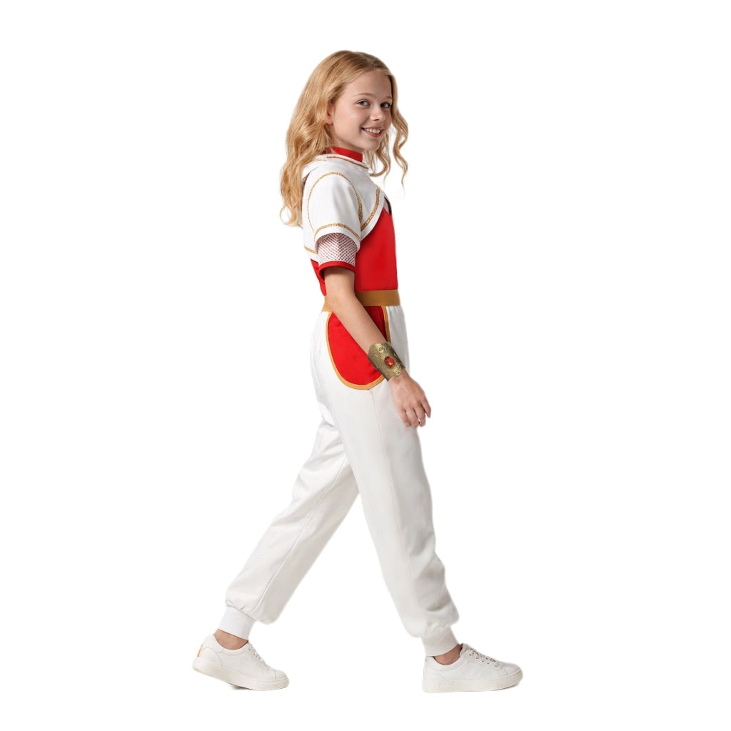 Kids Halloween Cosplay Jumpsuit Costume, Asymmetrical Sleeves, Gold Wrist Cuff, Blonde Wig