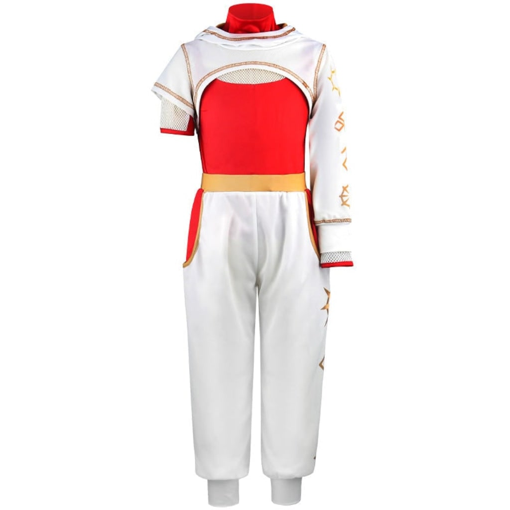 Kids Halloween Cosplay Jumpsuit Costume, Asymmetrical Sleeves, Gold Wrist Cuff, Blonde Wig