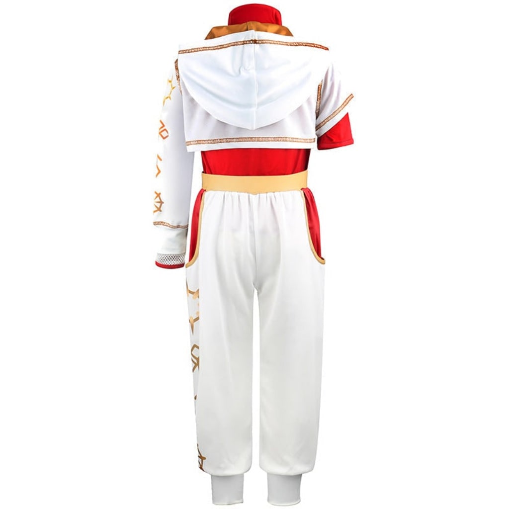 Kids Halloween Cosplay Jumpsuit Costume, Asymmetrical Sleeves, Gold Wrist Cuff, Blonde Wig