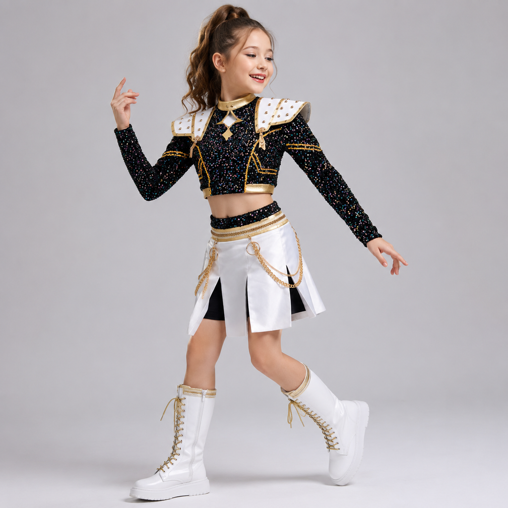 Costum cosplay K-pop de scenă pentru copii, top scurt cu paiete, fustă plisată, armură de umăr cu ținte, perucă