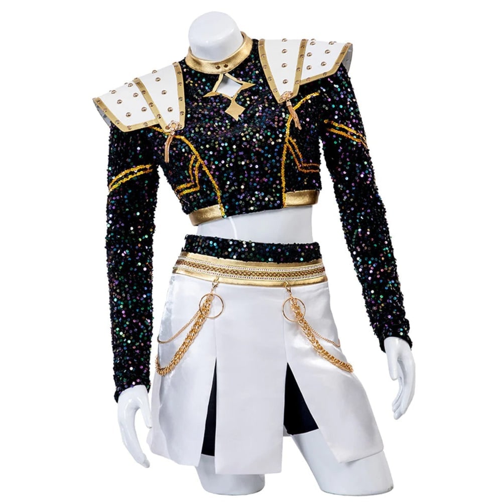 Costum cosplay K-pop de scenă pentru copii, top scurt cu paiete, fustă plisată, armură de umăr cu ținte, perucă