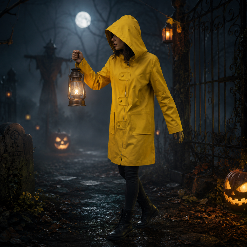 Gele regenjas met capuchon voor kinderen, ritssluiting aan de voorkant, Halloween-cosplay