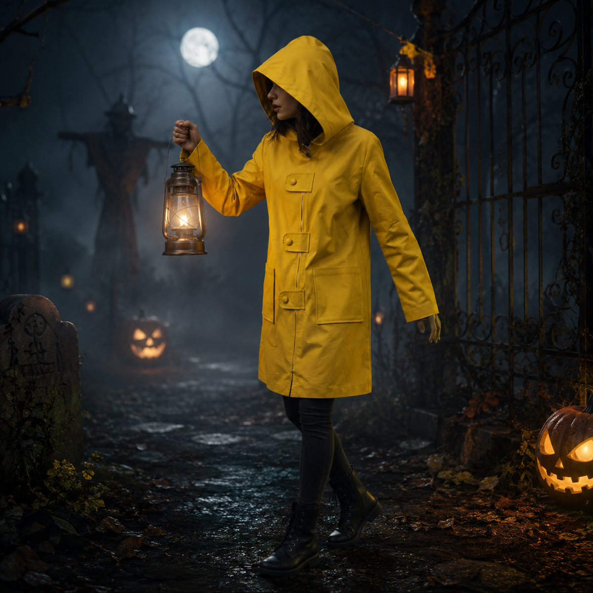 Gyerek sárga esőkabát-kosztüm, kapucnival és elöl cipzárral, Halloween-cosplayhez