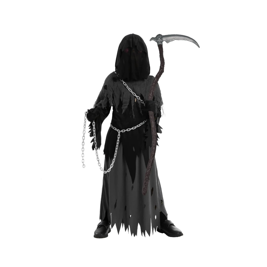 תחפושת לילדים של הקוצר הקודר לליל כל הקדושים - גלימה עם ברדס, עיניים זוהרות, חרמש צעצוע