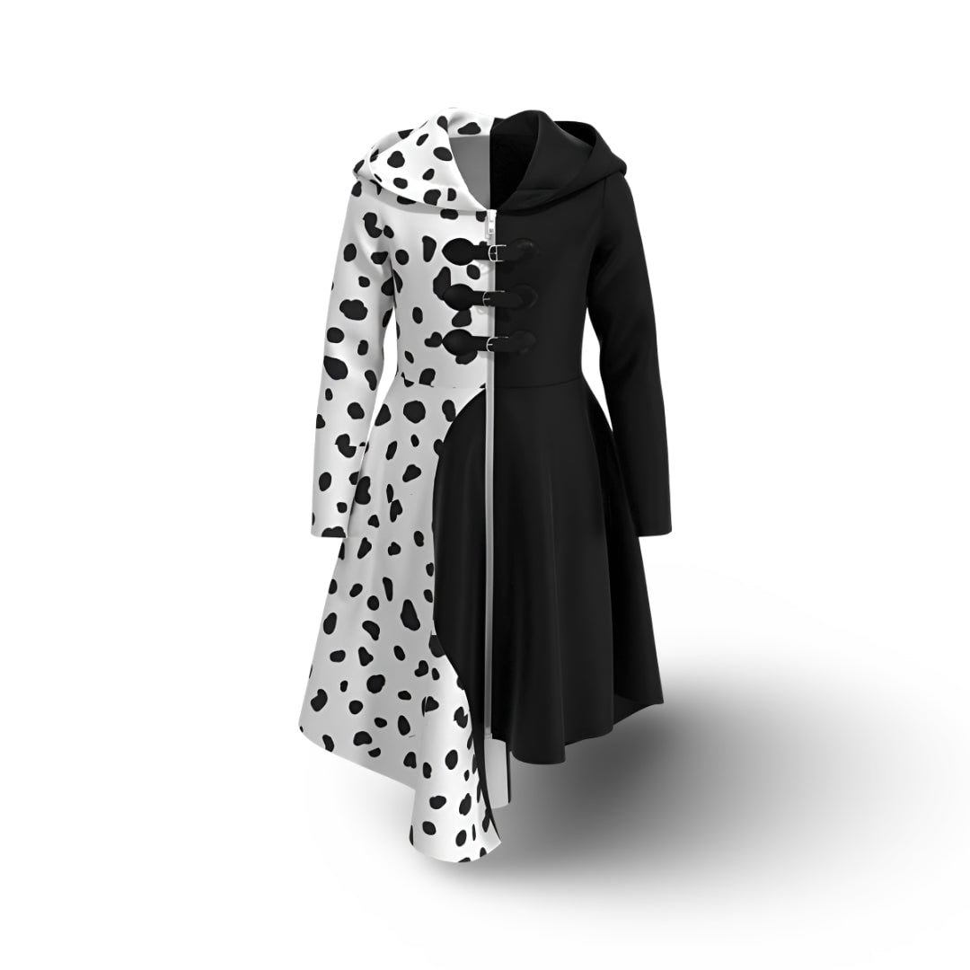Kids Cruella Costume Dress — Split Design, Dalmatian Spots, Attached Hood