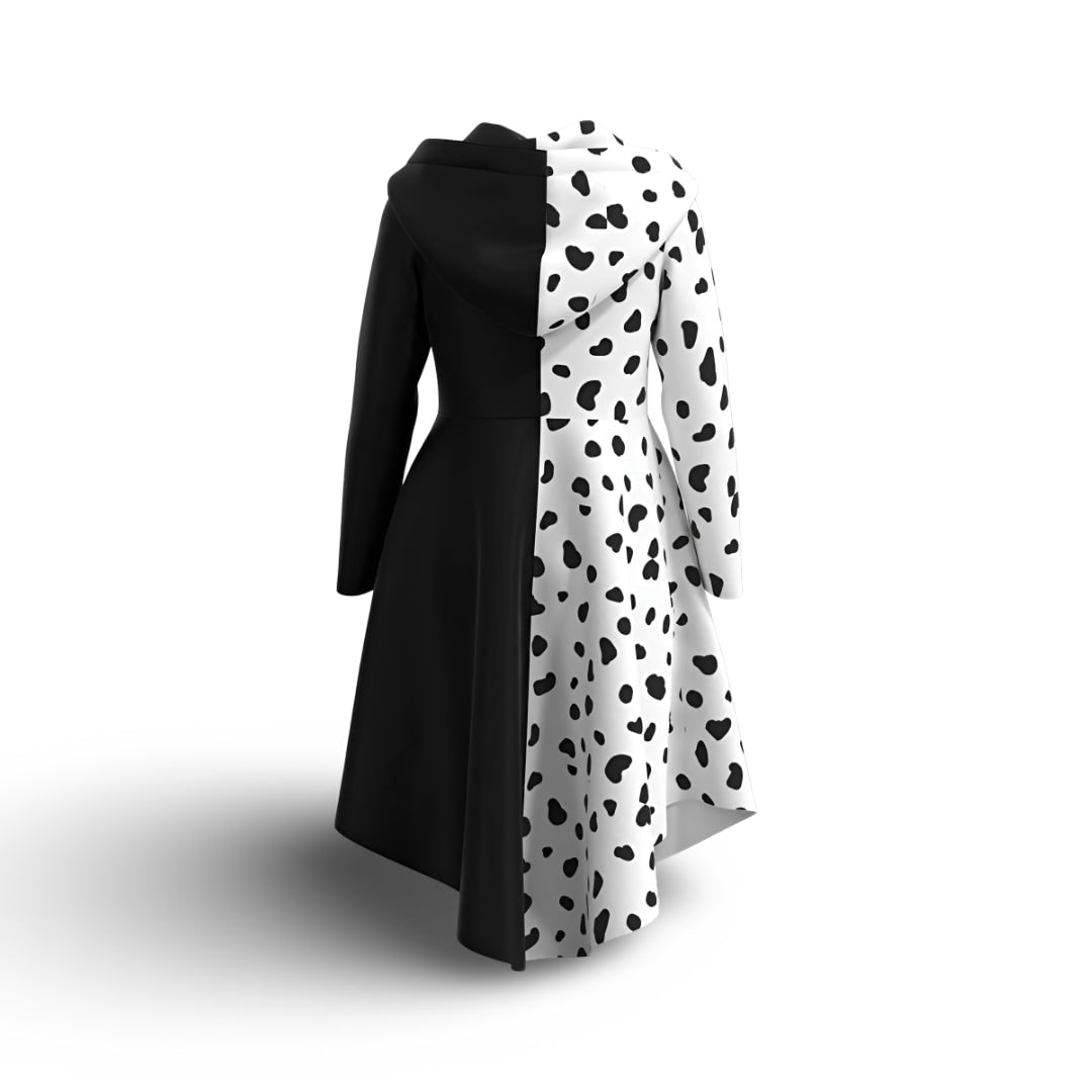Kids Cruella Costume Dress — Split Design, Dalmatian Spots, Attached Hood
