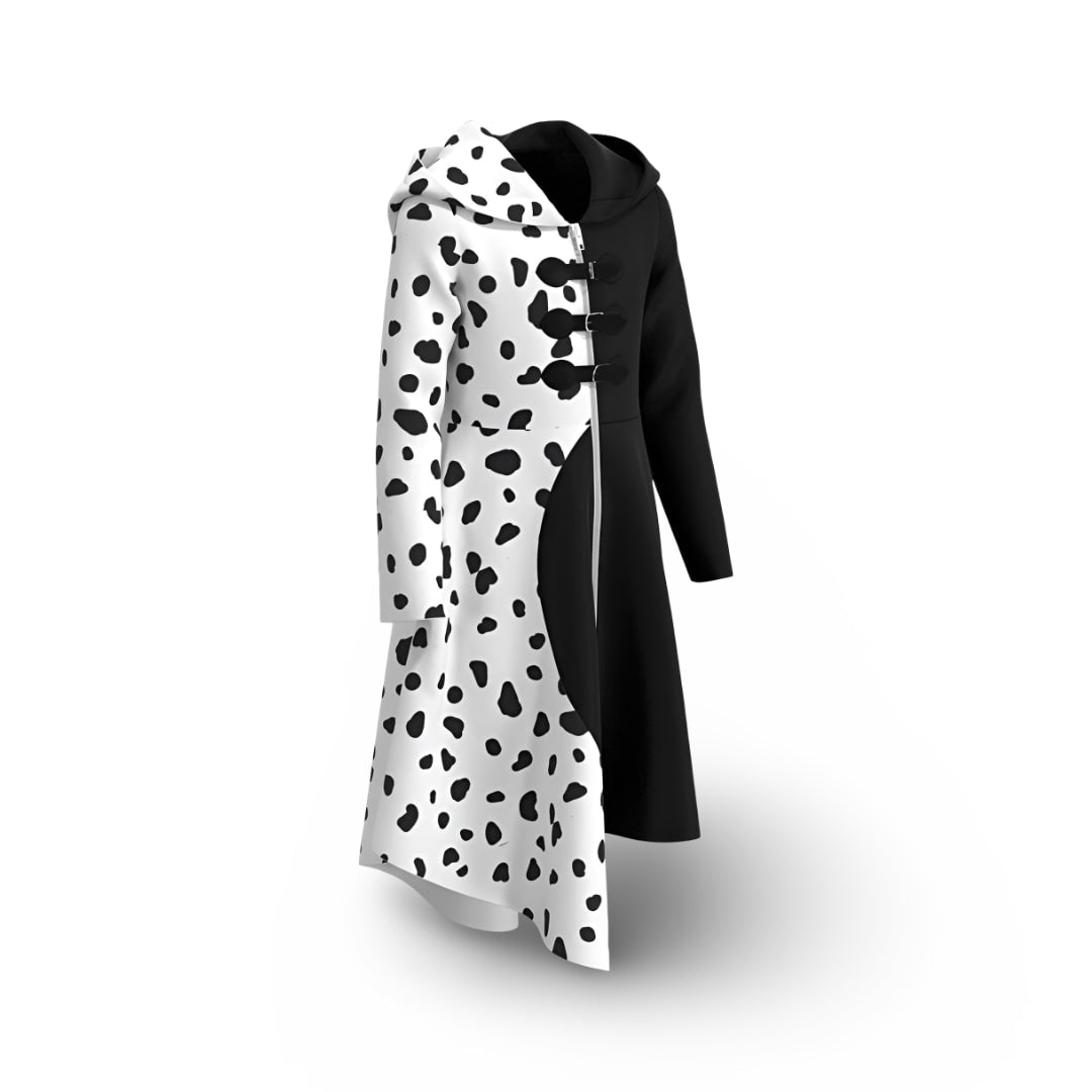 Kids Cruella Costume Dress — Split Design, Dalmatian Spots, Attached Hood