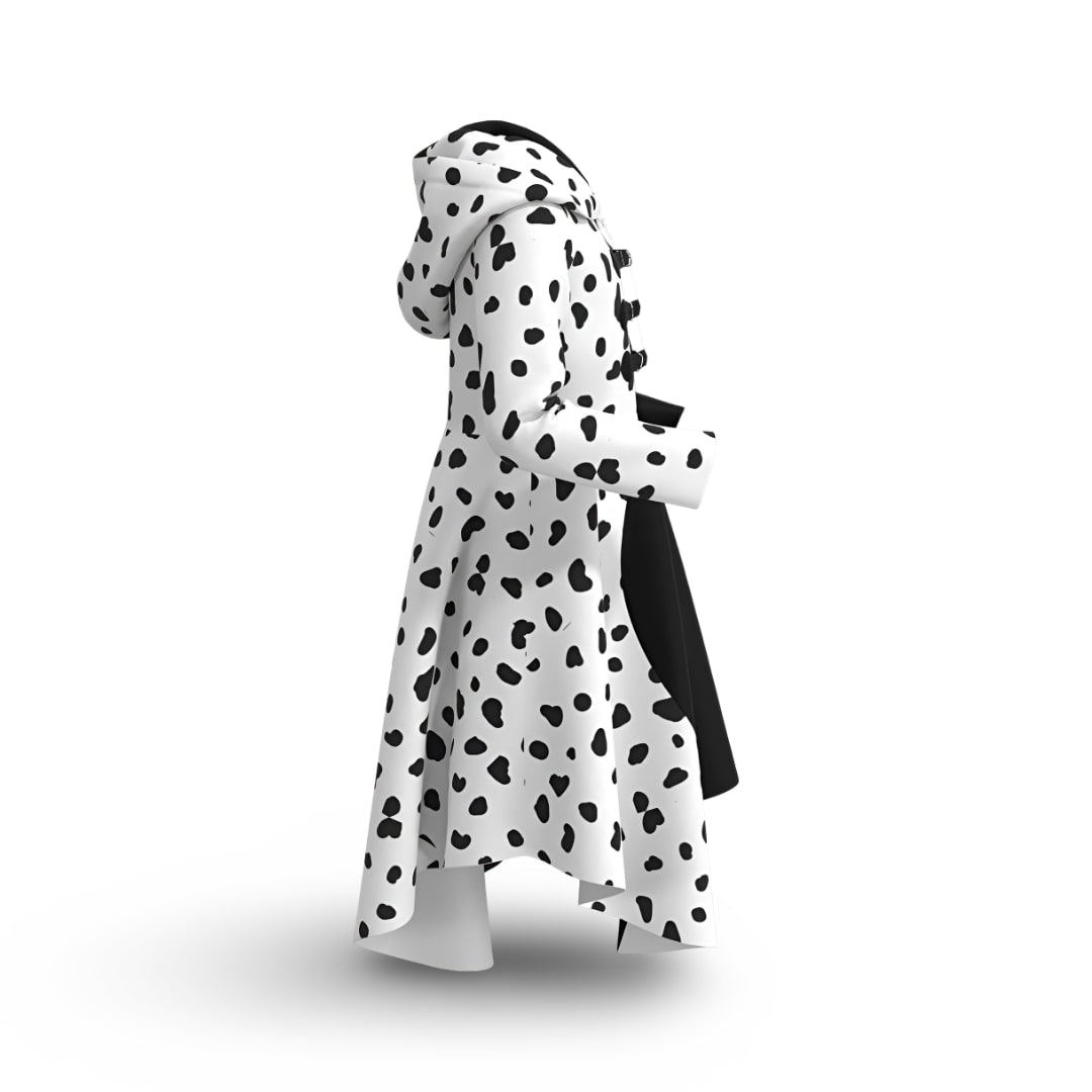 Kids Cruella Costume Dress — Split Design, Dalmatian Spots, Attached Hood