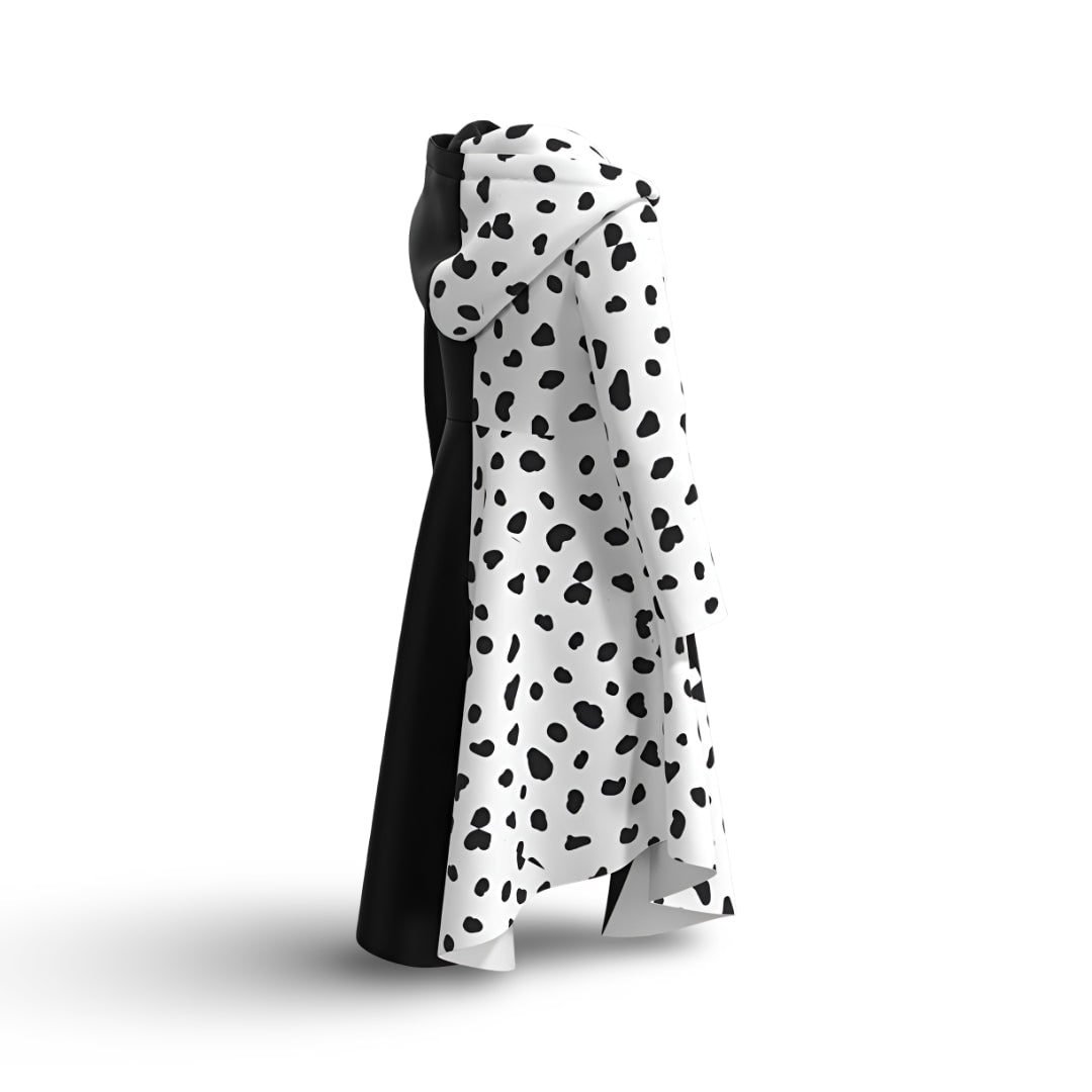Kids Cruella Costume Dress — Split Design, Dalmatian Spots, Attached Hood