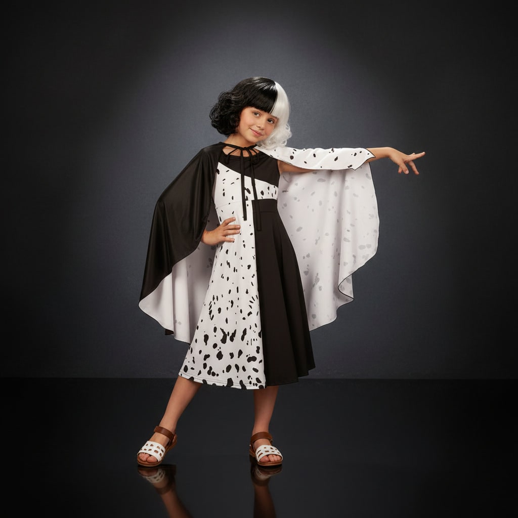 Cruella De Vil Kids Halloween Costume - Split Black And White Dress Cape