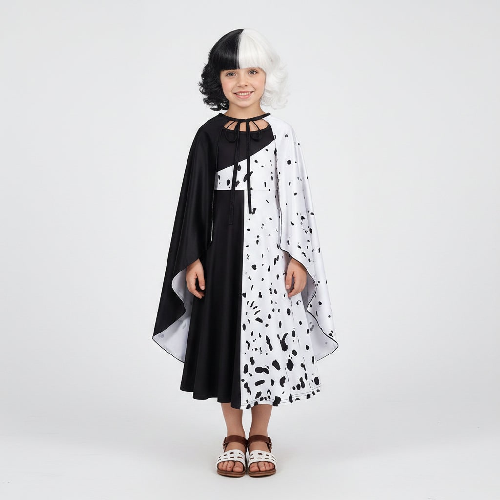 Cruella De Vil Kids Halloween Costume - Split Black And White Dress Cape
