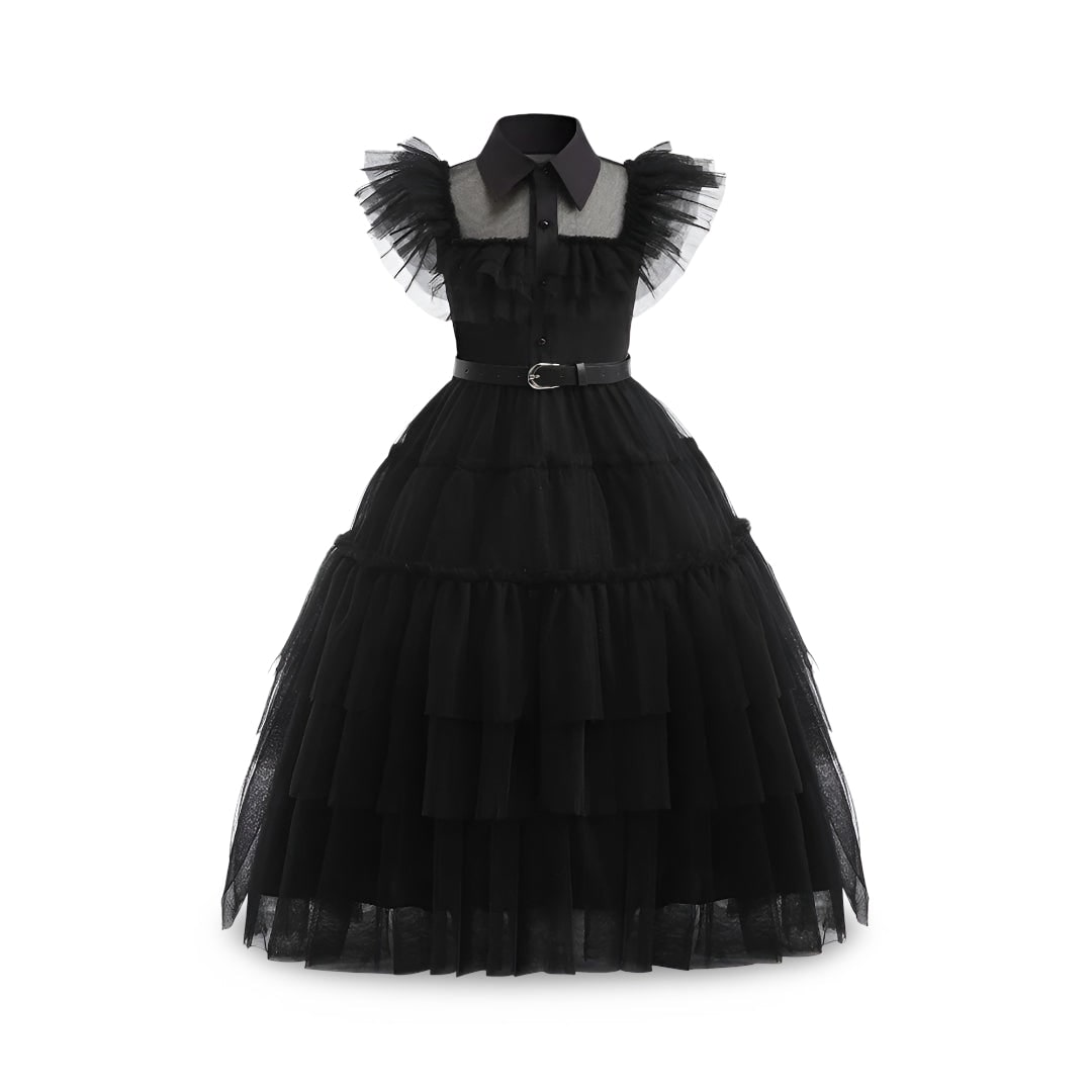 Kids Gothic Schoolgirl Halloween Family Costume Dress Tiered Tulle Skirt Lace Mask
