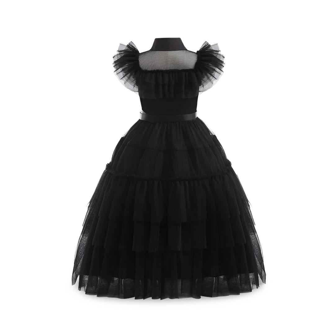 Kids Gothic Schoolgirl Halloween Family Costume Dress Tiered Tulle Skirt Lace Mask