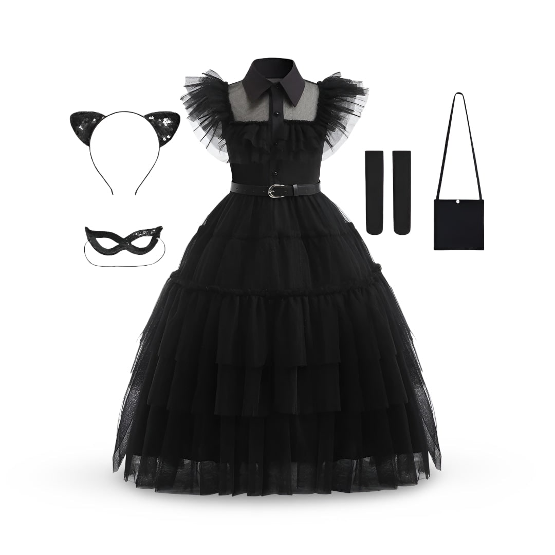 Kids Gothic Schoolgirl Halloween Family Costume Dress Tiered Tulle Skirt Lace Mask
