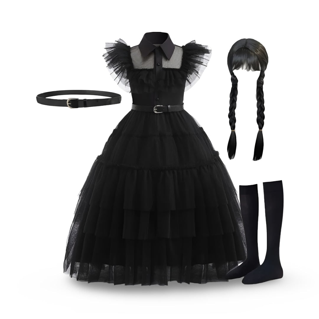 Kids Gothic Schoolgirl Halloween Family Costume Dress Tiered Tulle Skirt Lace Mask