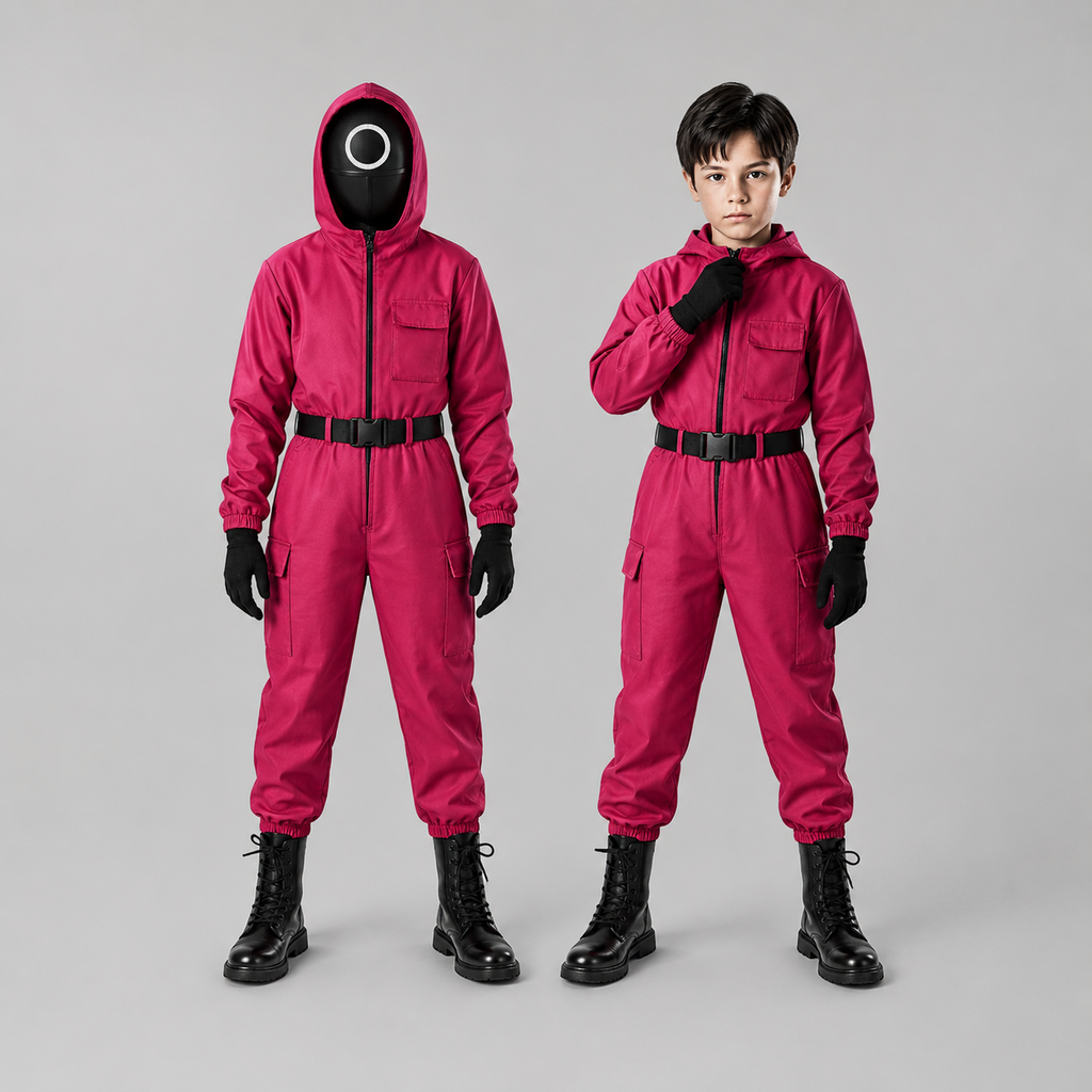 Kids Halloween Hooded Jumpsuit Costume Set With Mesh Mask And Gloves