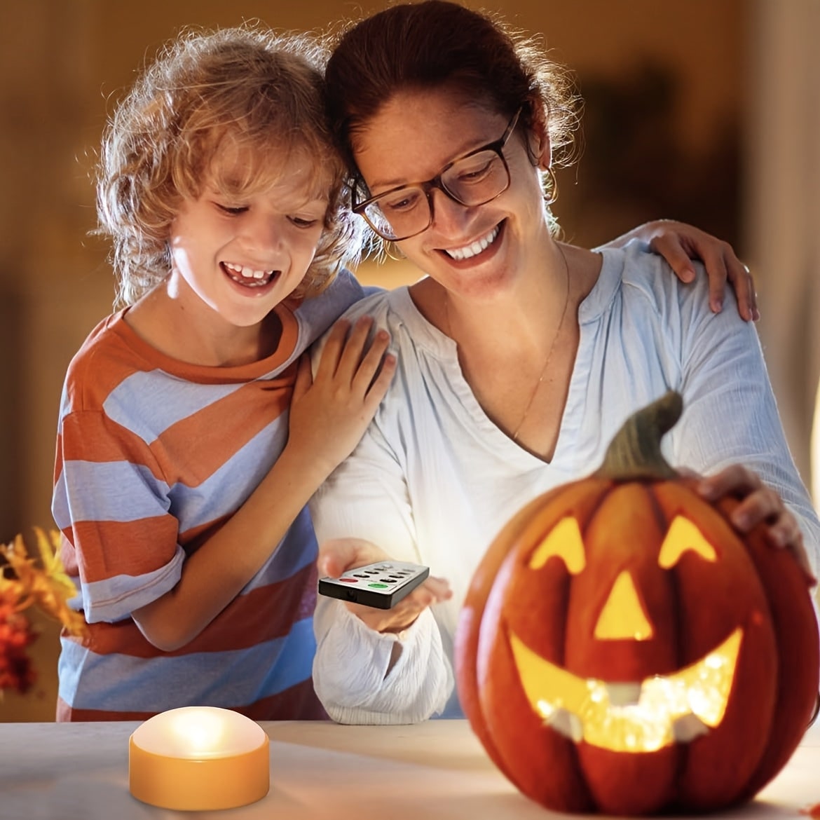 Battery Operated Remote Control LED Tea Light Candles Kids Halloween Jack O Lantern Pumpkin