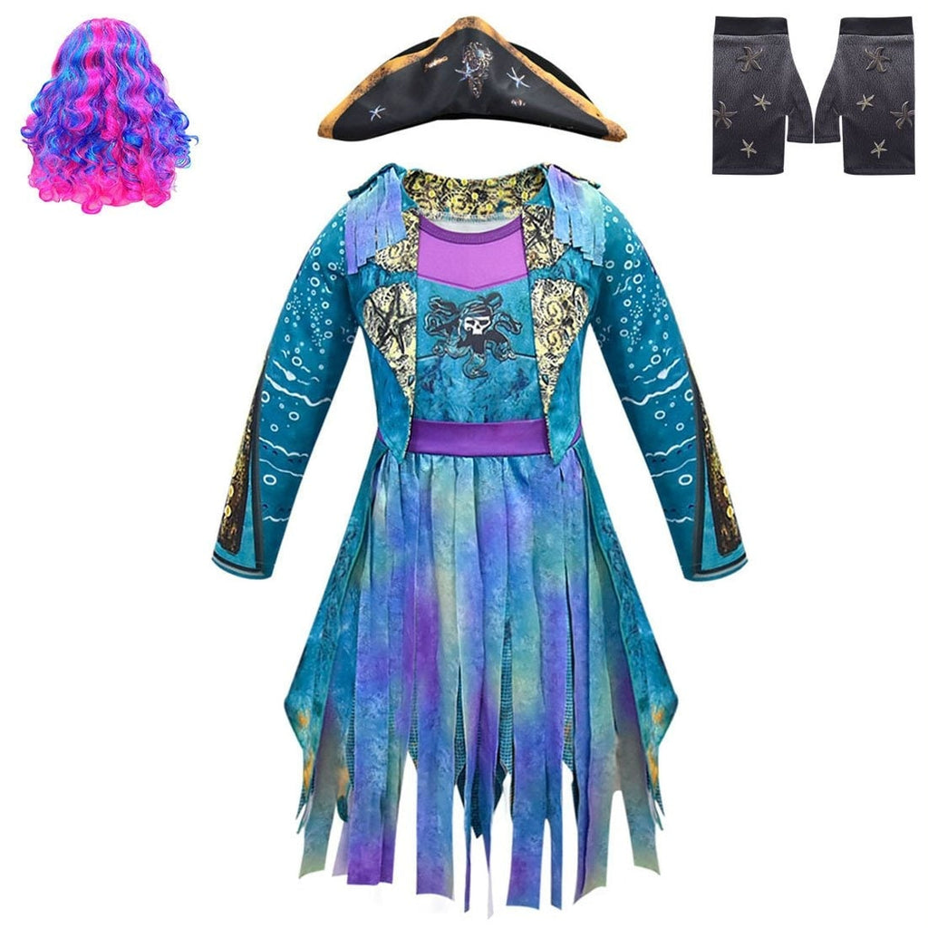 Girls Pirate Costume Dress - Long Sleeve Tunic, Skull Graphic And Tattered Hem