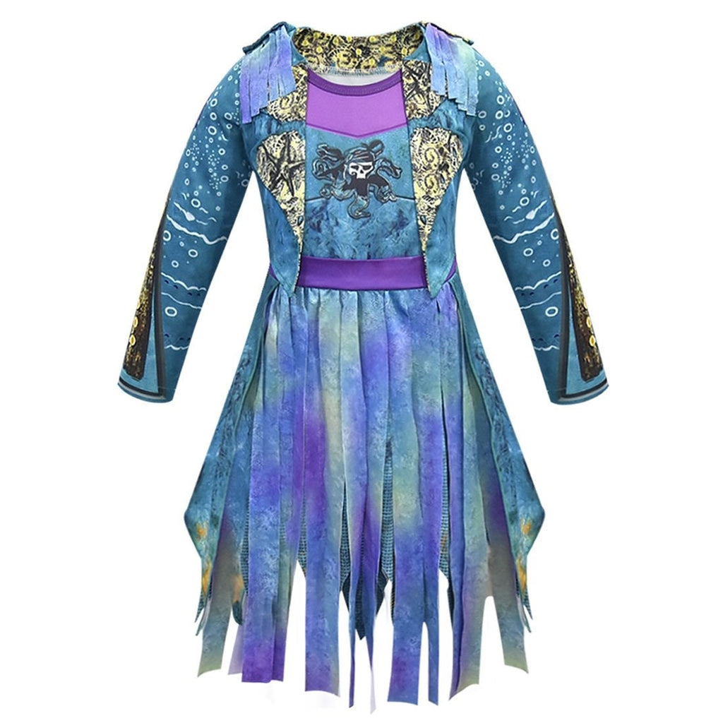 Girls Pirate Costume Dress - Long Sleeve Tunic, Skull Graphic And Tattered Hem