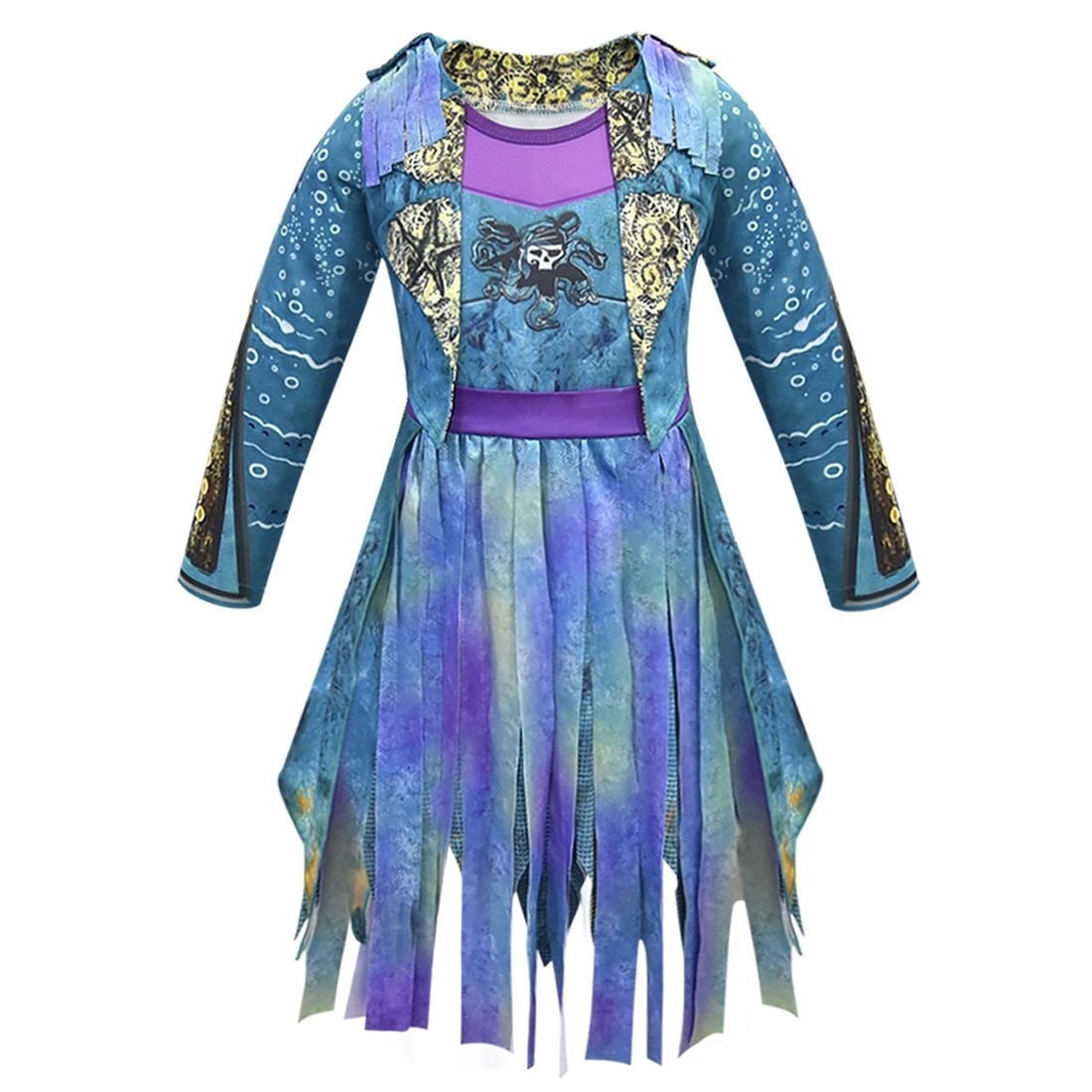 Girls Pirate Costume Dress - Long Sleeve Tunic, Skull Graphic And Tattered Hem