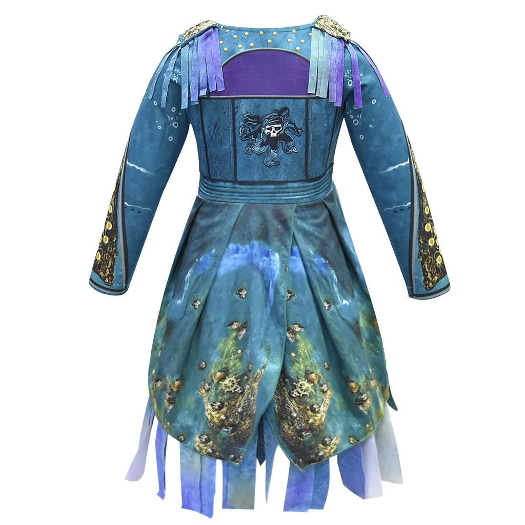 Girls Pirate Costume Dress - Long Sleeve Tunic, Skull Graphic And Tattered Hem