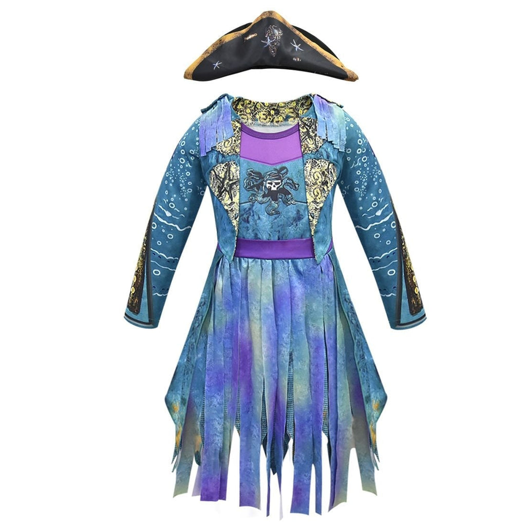 Girls Pirate Costume Dress - Long Sleeve Tunic, Skull Graphic And Tattered Hem