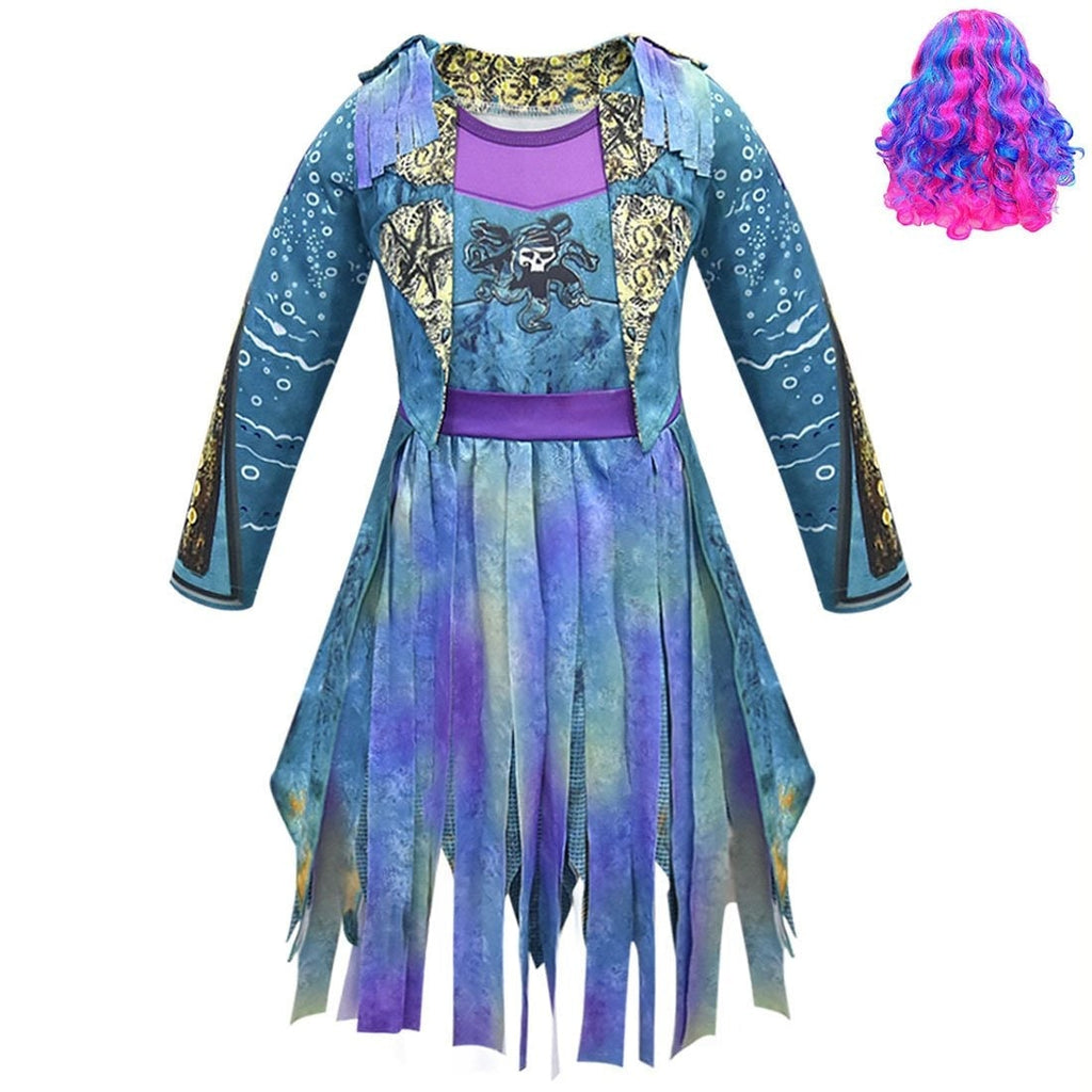 Girls Pirate Costume Dress - Long Sleeve Tunic, Skull Graphic And Tattered Hem