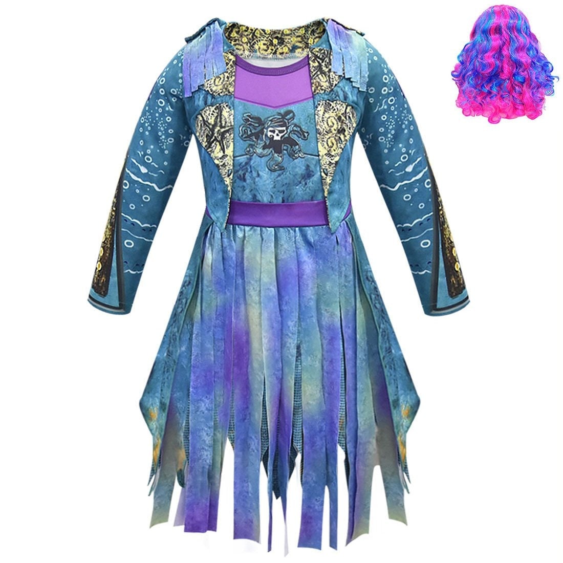 Girls Pirate Costume Dress - Long Sleeve Tunic, Skull Graphic And Tattered Hem