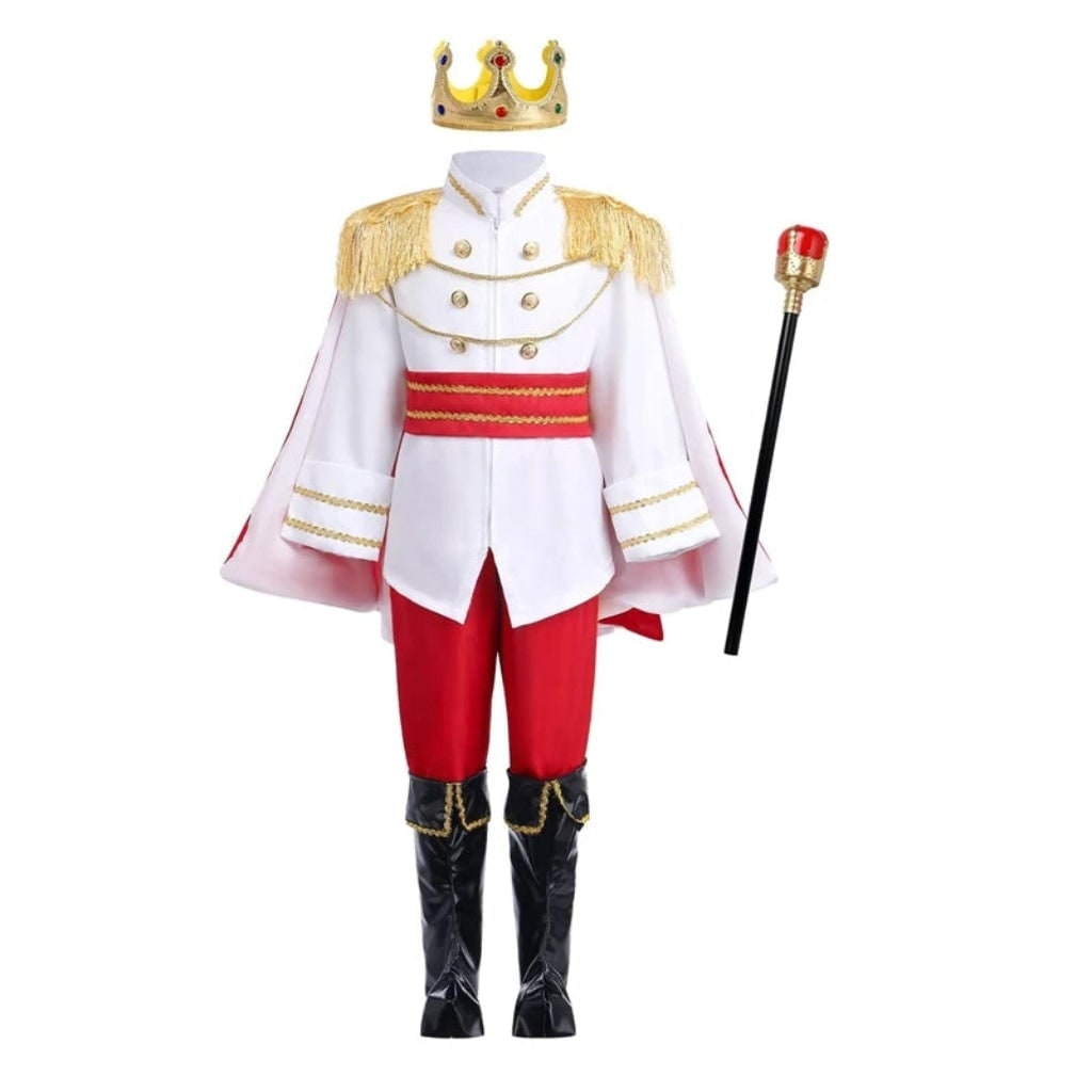 Gyerek királyfi Halloween-öltözékkészlet - aranykoronával, játékszólóval és elegáns vörös köpennyel