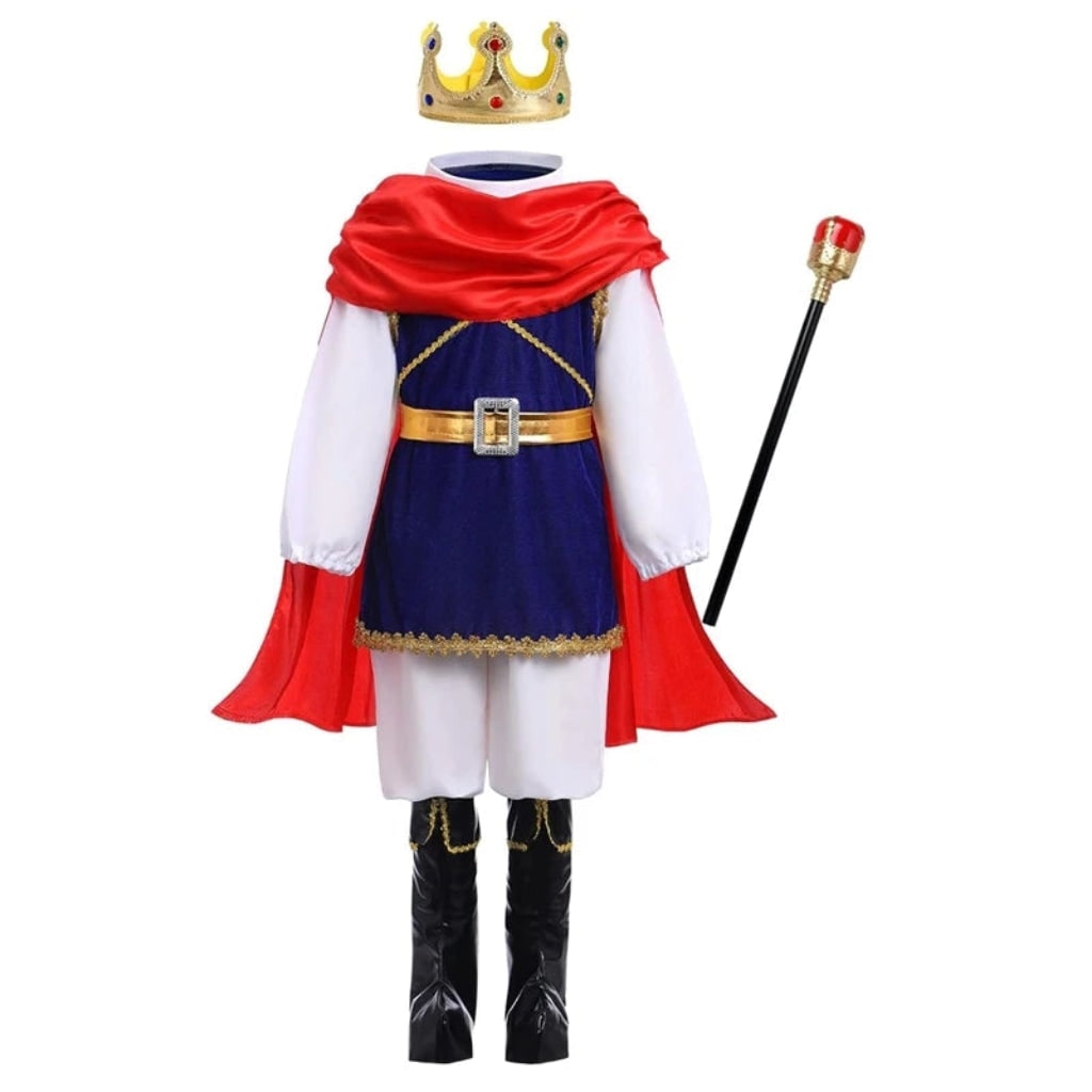 Gyerek királyfi Halloween-öltözékkészlet - aranykoronával, játékszólóval és elegáns vörös köpennyel