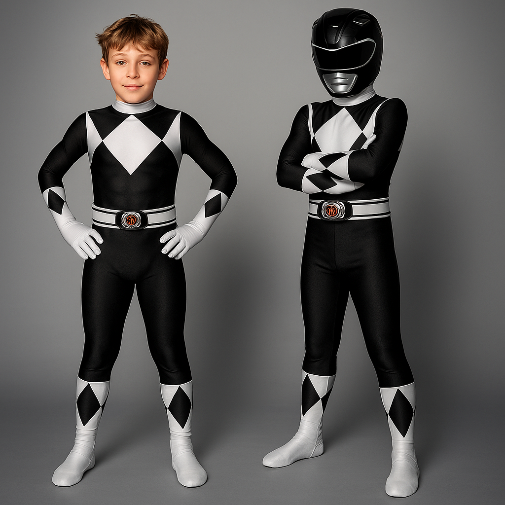 Kids Halloween Superhero Black Catsuit Jumpsuit - Full Body Mask And Gloves Included