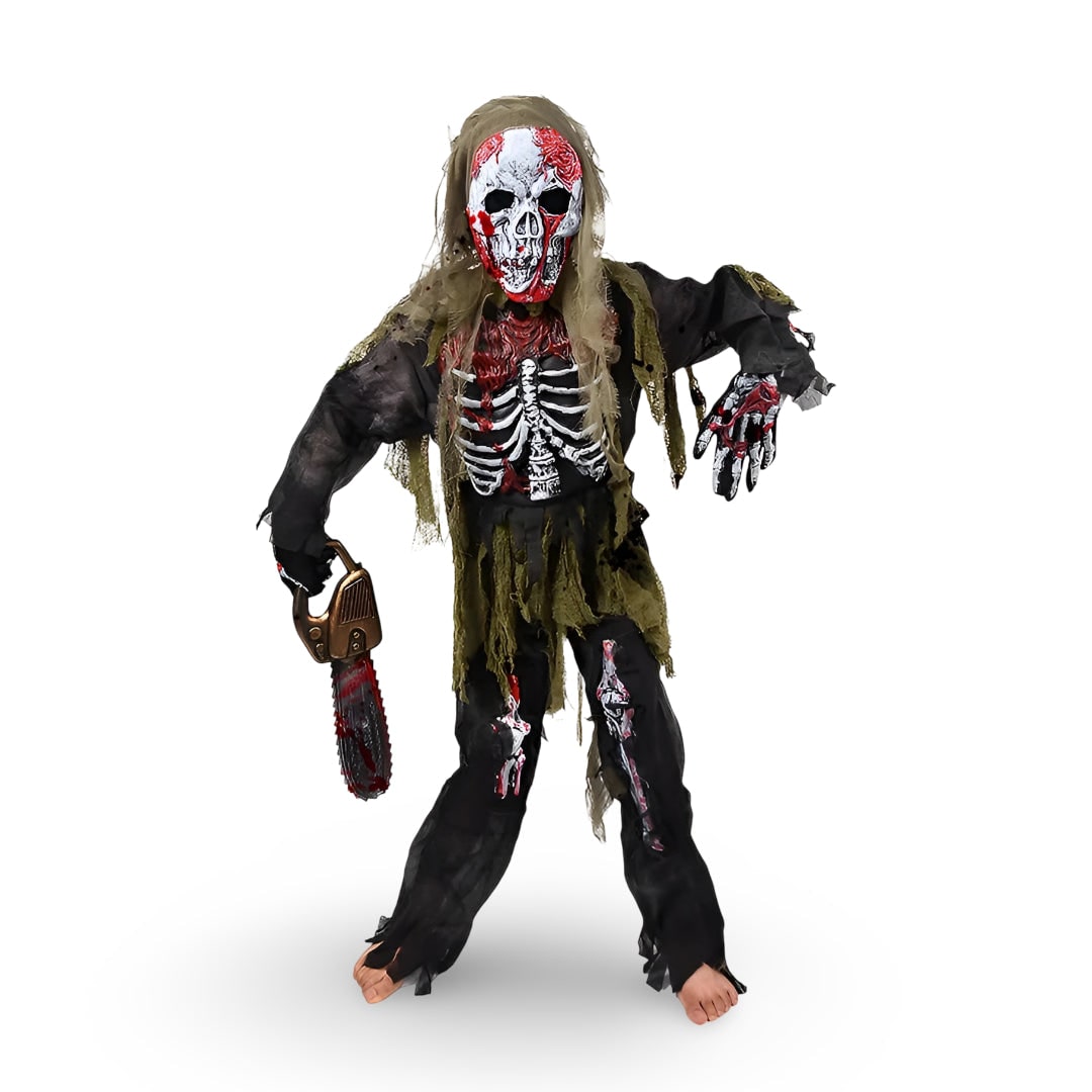 Halloween-zombieskjelettkostyme for barn - heldekkende ansiktsmaske med hodeskalle og hansker med blodsprut