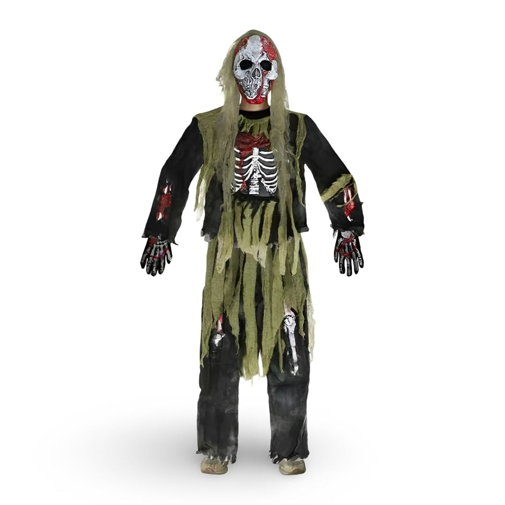 Halloween-zombieskjelettkostyme for barn - heldekkende ansiktsmaske med hodeskalle og hansker med blodsprut