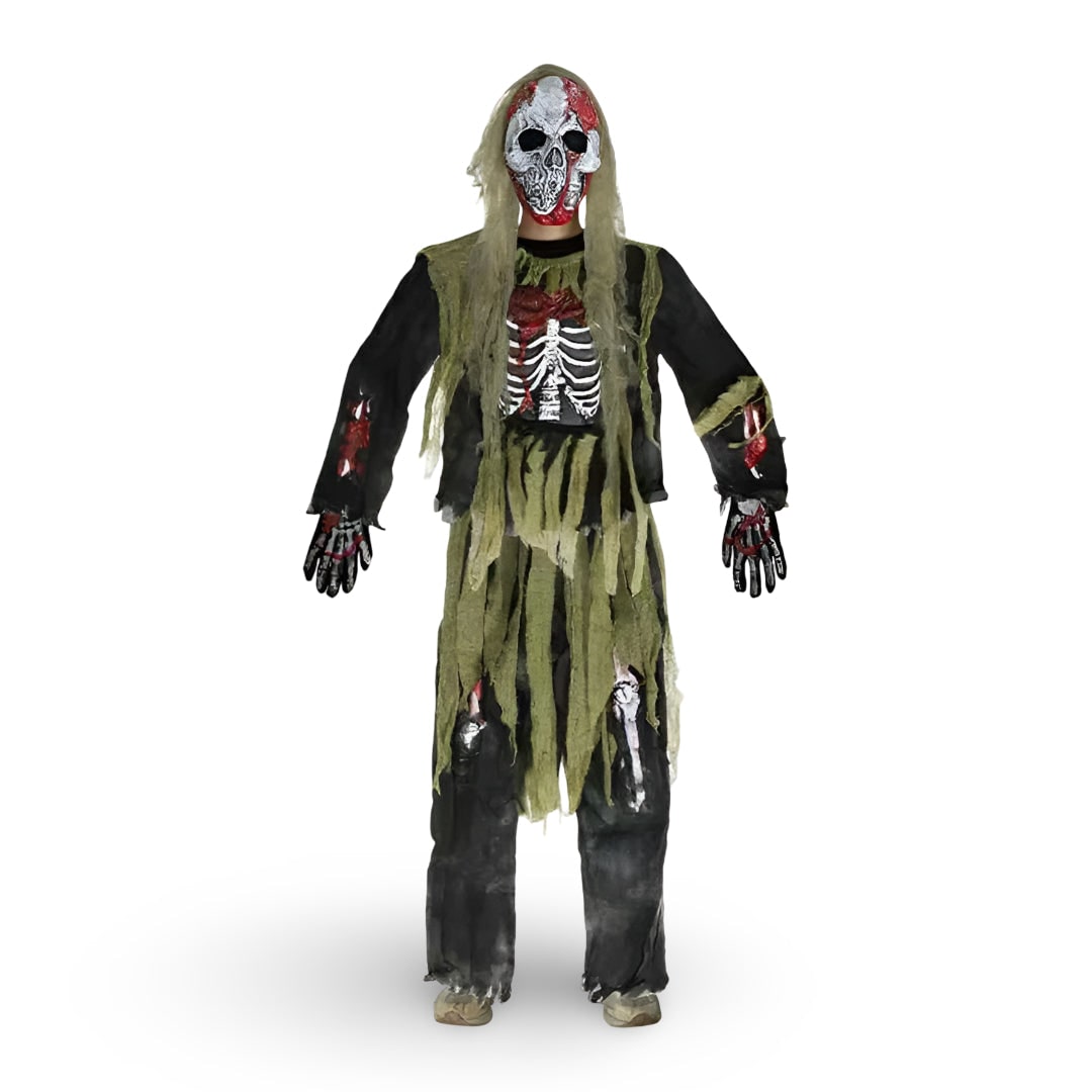 Halloween-zombieskjelettkostyme for barn - heldekkende ansiktsmaske med hodeskalle og hansker med blodsprut