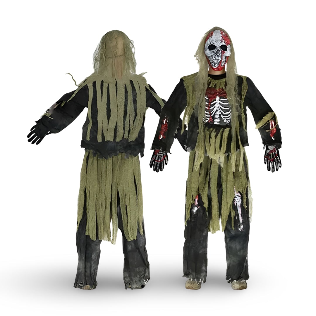 Halloween-zombieskjelettkostyme for barn - heldekkende ansiktsmaske med hodeskalle og hansker med blodsprut