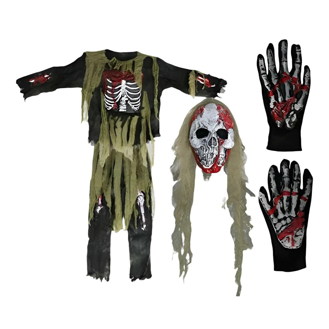 Halloween-zombieskjelettkostyme for barn - heldekkende ansiktsmaske med hodeskalle og hansker med blodsprut