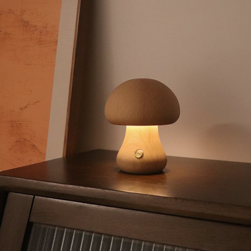 Kids Mushroom LED Night Light Wooden Touch Control Bedside Lamp