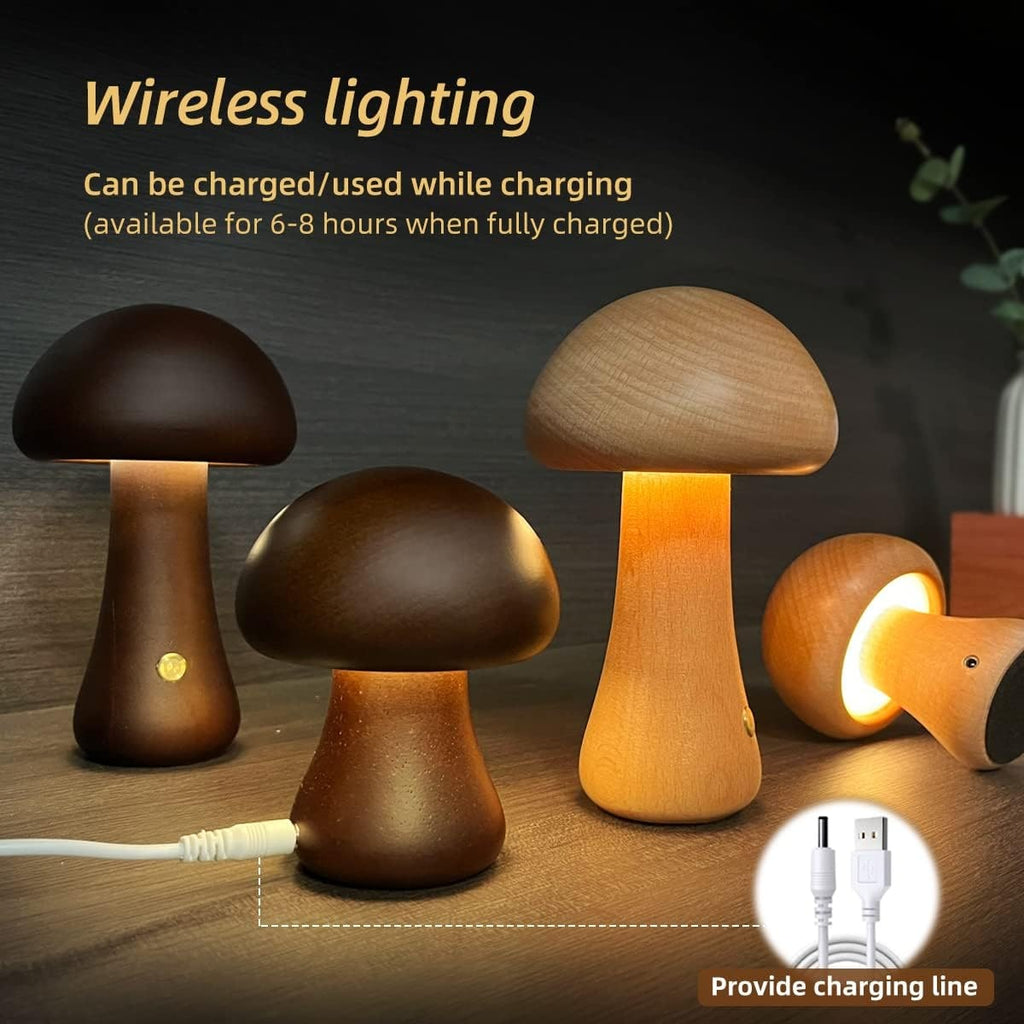Kids Mushroom LED Night Light Wooden Touch Control Bedside Lamp