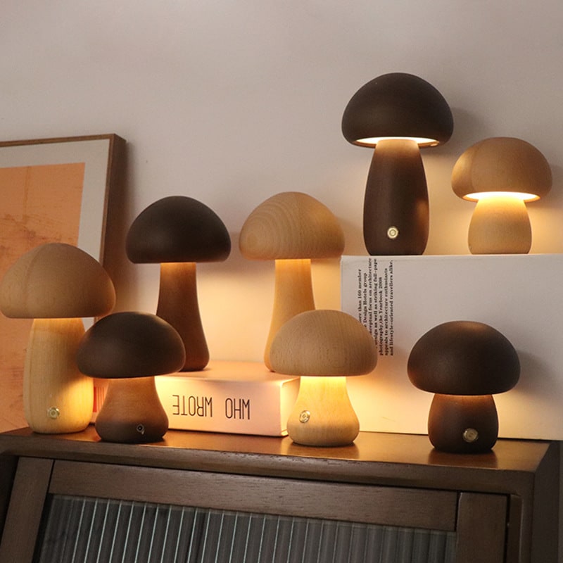Kids Mushroom LED Night Light Wooden Touch Control Bedside Lamp