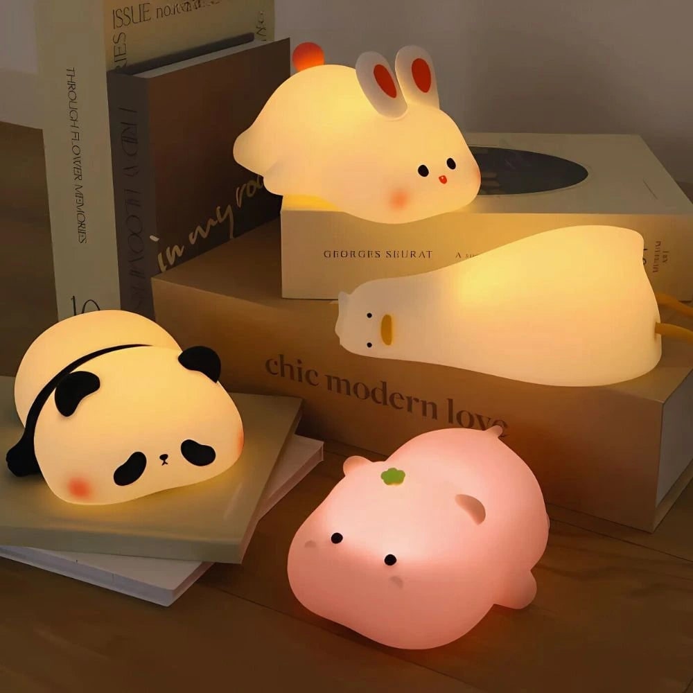 Luce notturna morbida in silicone ricaricabile per bambini, attivazione touch, dimmerabile, LED a forma di animale