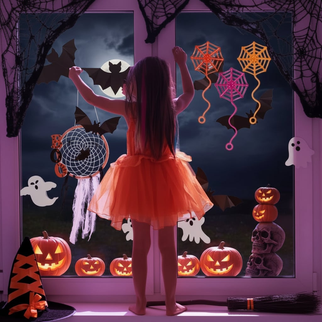 Rozciągliwe neonowe naklejki na okno w kształcie pajęczyny - lepiący się falisty ogon, halloweenowe upominki na przyjęcie